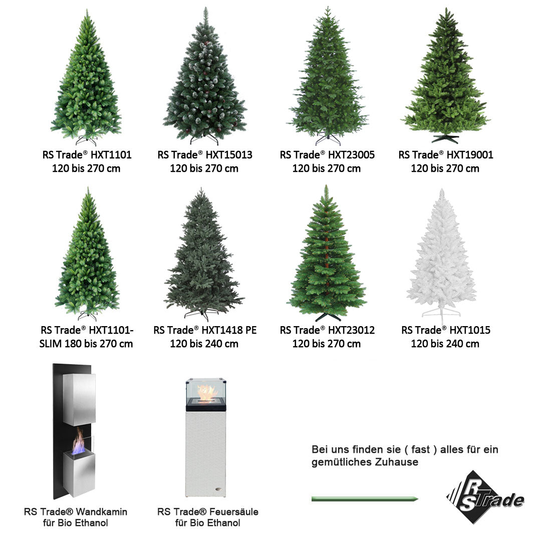 Verschiedene kuenstliche Weihnachtsbaeume mit Modellnamen, Groessen und Kaminprodukte. 150 cm