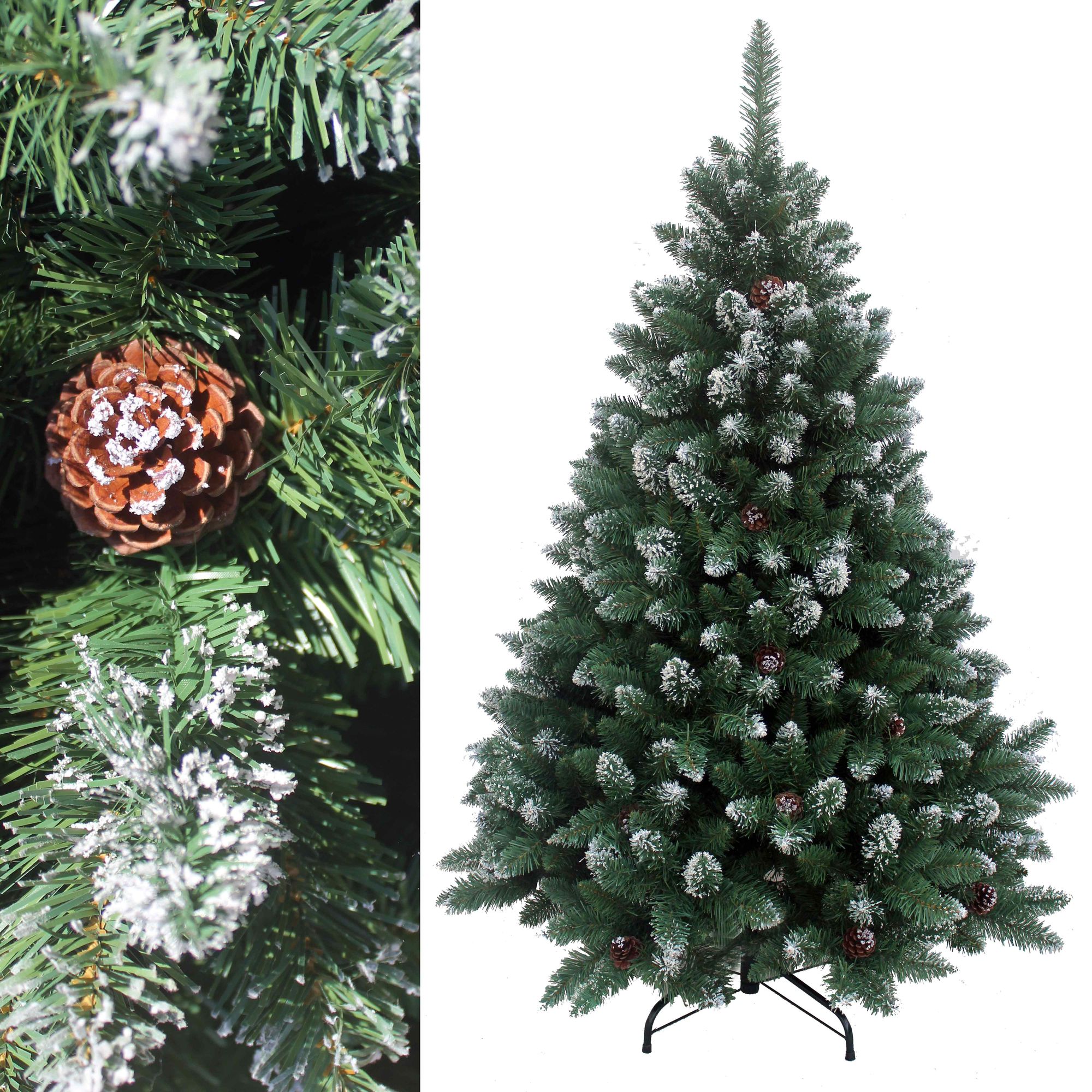 Künstlicher Weihnachtsbaum mit Schneespitzen und Zapfen, Nahaufnahme und Gesamtansicht. 210 cm