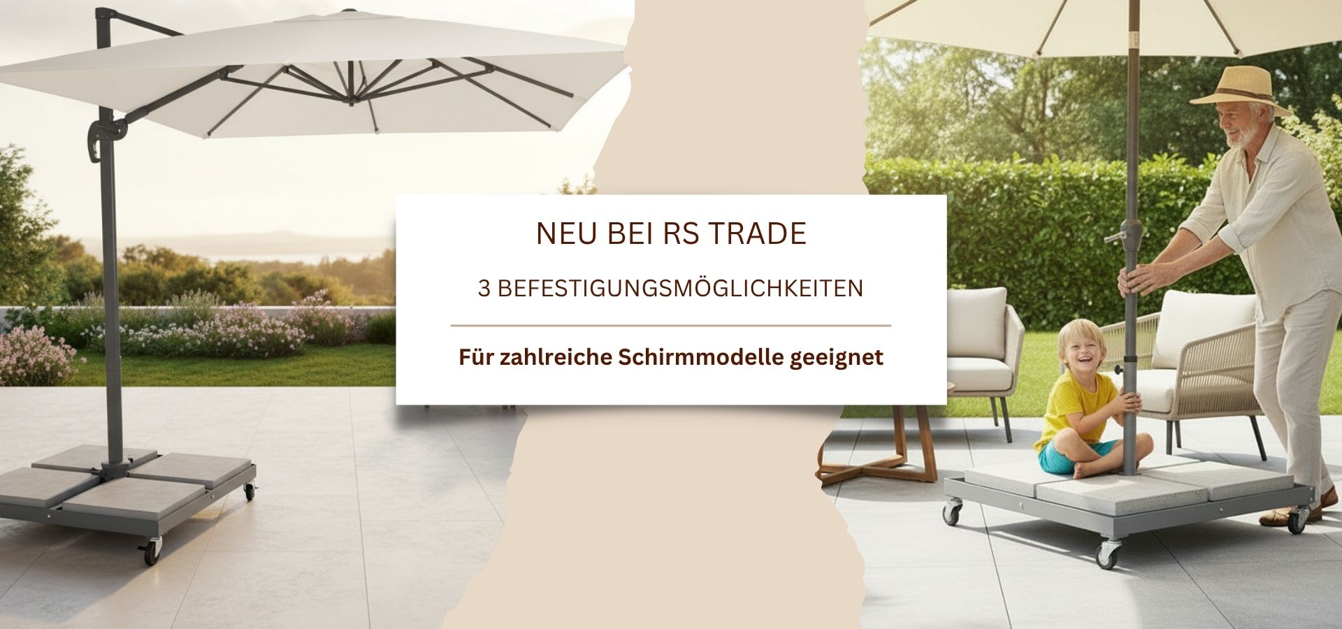 Ampelschirmständer mit drei Befestigungsmöglichkeiten für verschiedene Sonnenschirmmodelle auf einer Terrasse