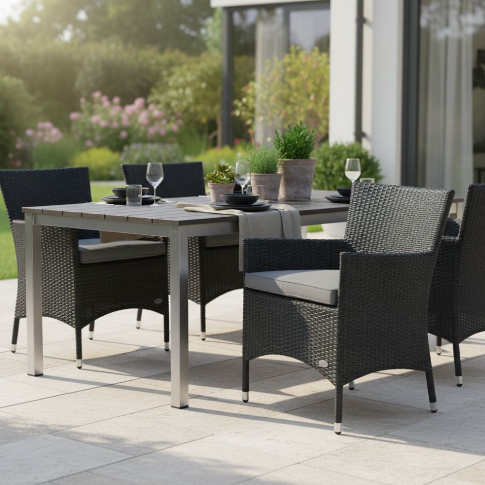 Schwarzer Polyrattan-Gartenstuhl „Trento“ mit hellem Sitzkissen an modernem Esstisch auf sonniger Terrasse. Wetterfester Outdoor-Stuhl mit Armlehnen für Garten, Balkon und Terrasse.