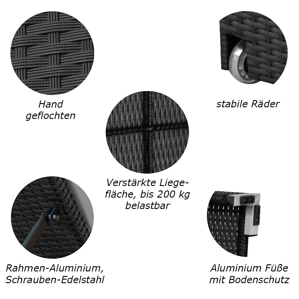 Nahaufnahmen der Rattan-Struktur, stabiler Räder, Aluminiumfüße mit Bodenschutz und verstärkter Liegefläche. 1
