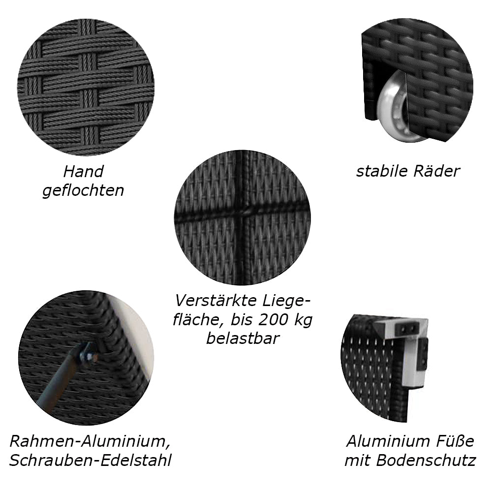 Nahaufnahmen der Rattan-Struktur, stabiler Räder, Aluminiumfüße mit Bodenschutz und verstärkter Liegefläche. Schwarz