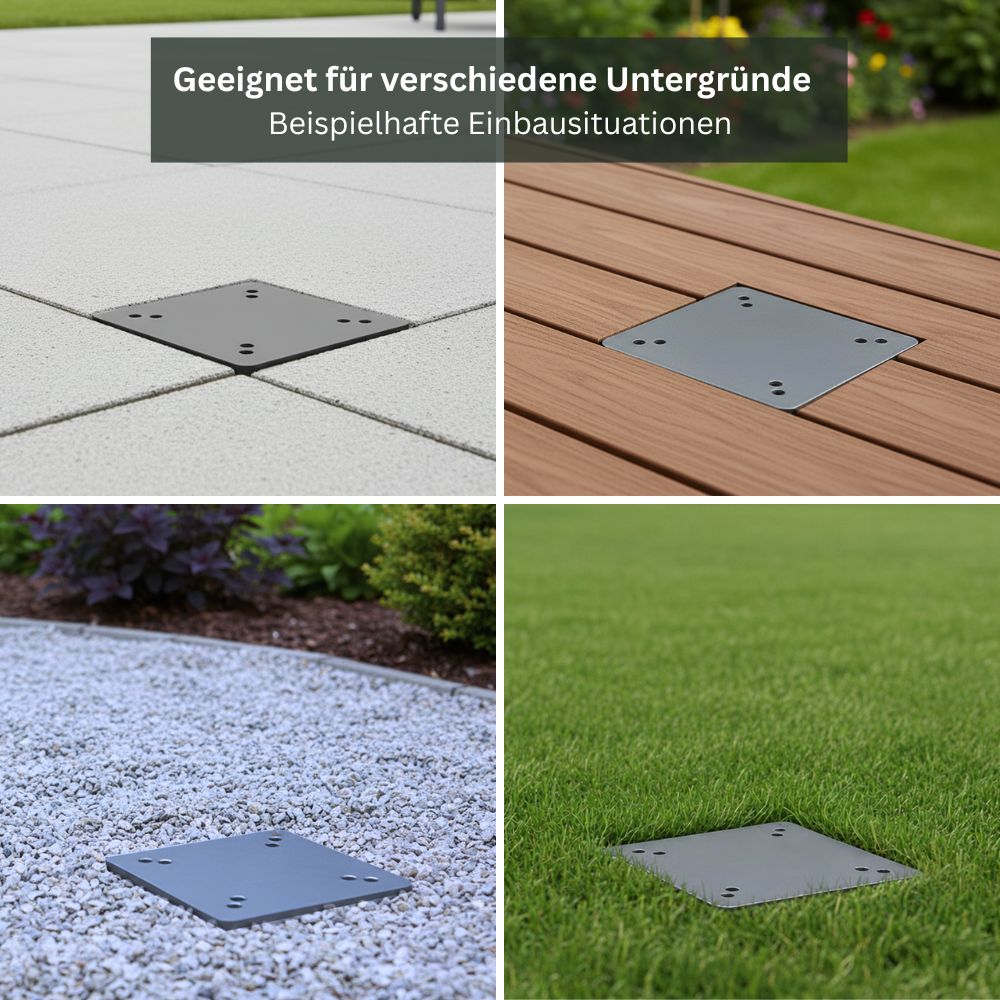 Beispiele für den Einbau einer verzinkten Bodenhülse in verschiedenen Untergründen wie Terrasse, WPC, Kies und Rasen.