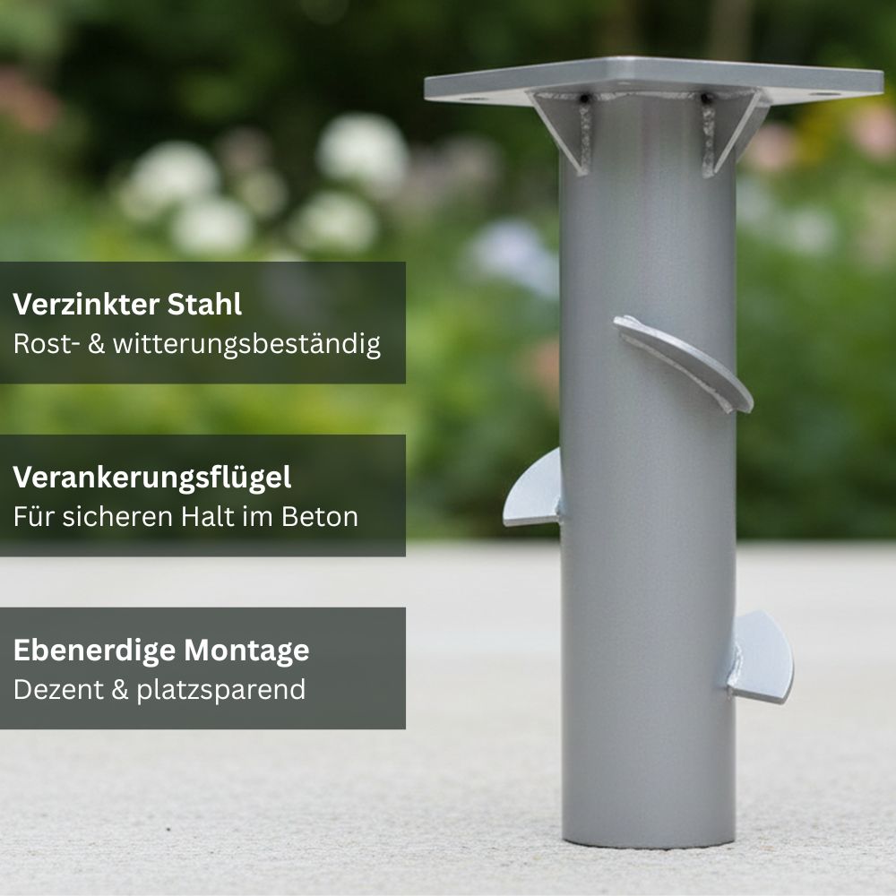 Verzinkte Bodenhülse mit Verankerungsflügeln und Hinweisen zu Korrosionsschutz, Stabilität und Einbau im Betonfundament.