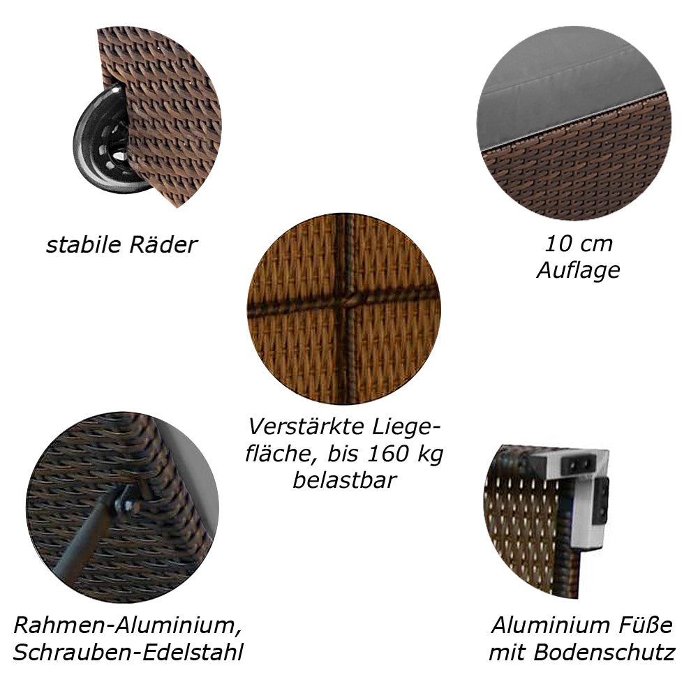 Detailansicht der hochwertigen Materialien und Funktionen der Sonnenliege. Braun / Grau.