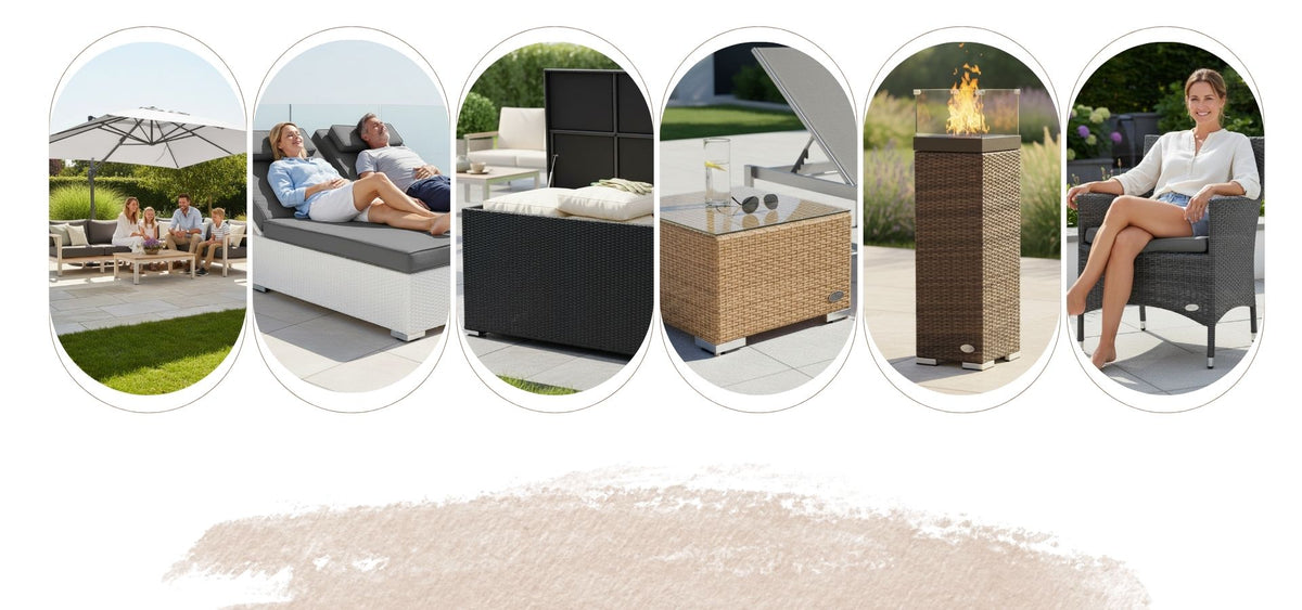 Moderne Gartenmöbel von RS Trade auf einer Terrasse mit Sonnenschirm, Sonnenliege und Feuersäule