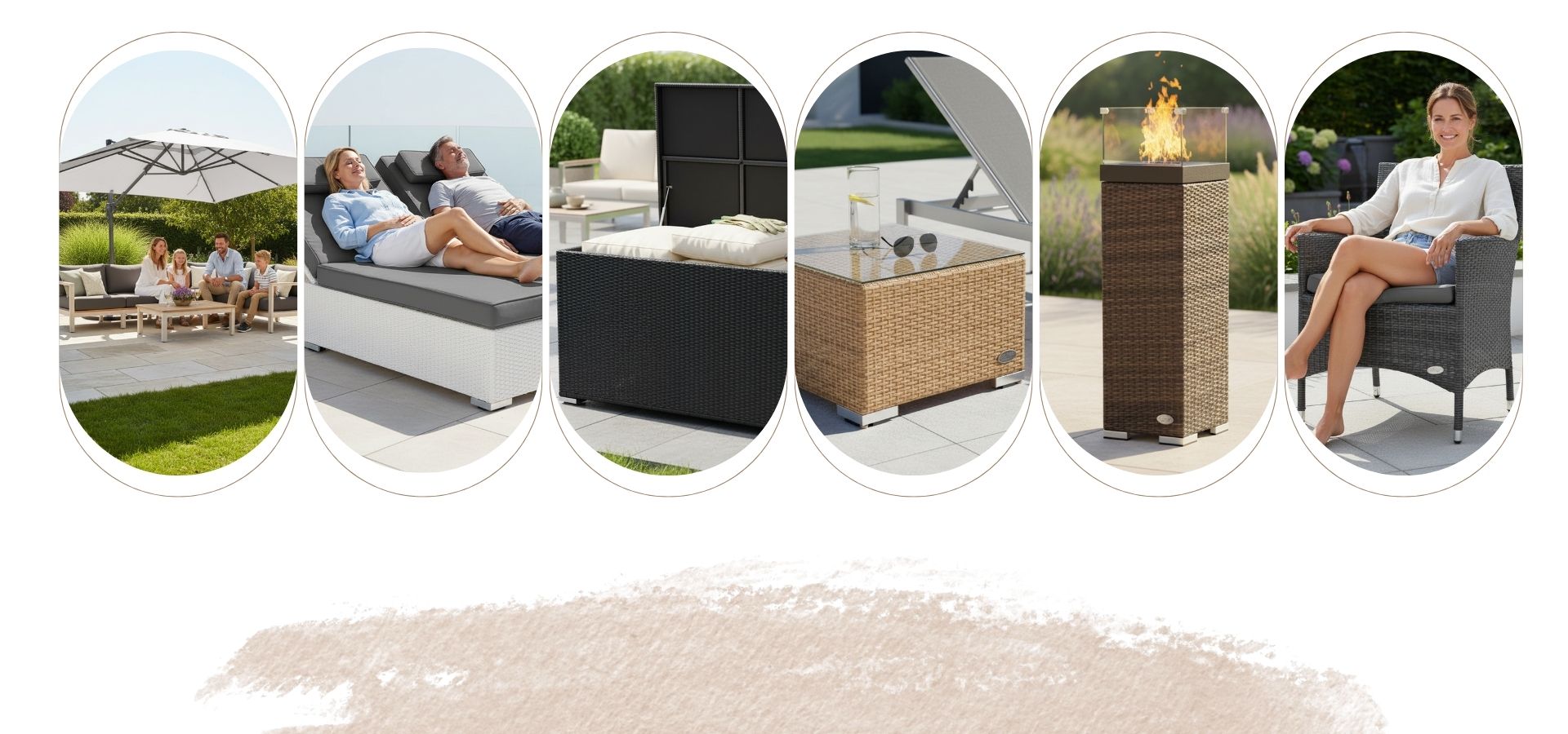 Moderne Gartenmöbel für Terrasse und Balkon mit Sonnenschirm, Sonnenliege, Auflagenbox, Feuersäule und Polyrattan-Sessel für stilvolle Outdoor-Bereiche.