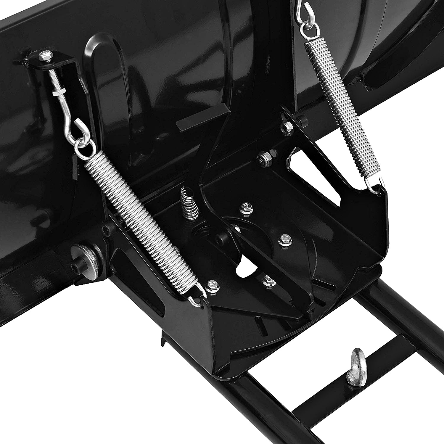 Detailaufnahme des Schneepflugmechanismus mit Federn und Stahlteilen.