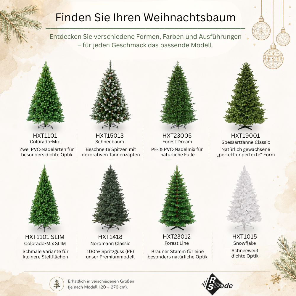 Vergleich verschiedener künstlicher Weihnachtsbäume in unterschiedlichen Größen, Formen, Farben und Ausführungen 150 cm