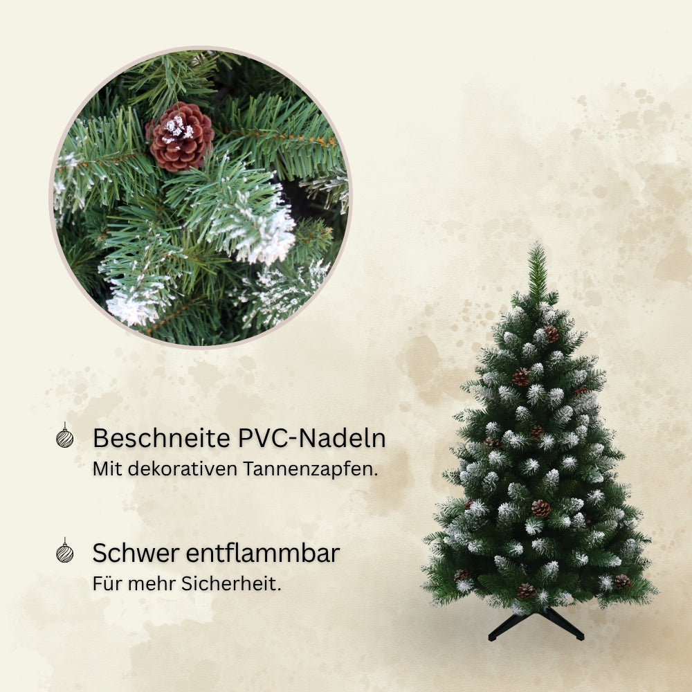 Künstlicher beschneiter Weihnachtsbaum HXT 15013, 120 cm, mit beschneiten PVC-Nadeln, Tannenzapfen und schwer entflammbarem Material