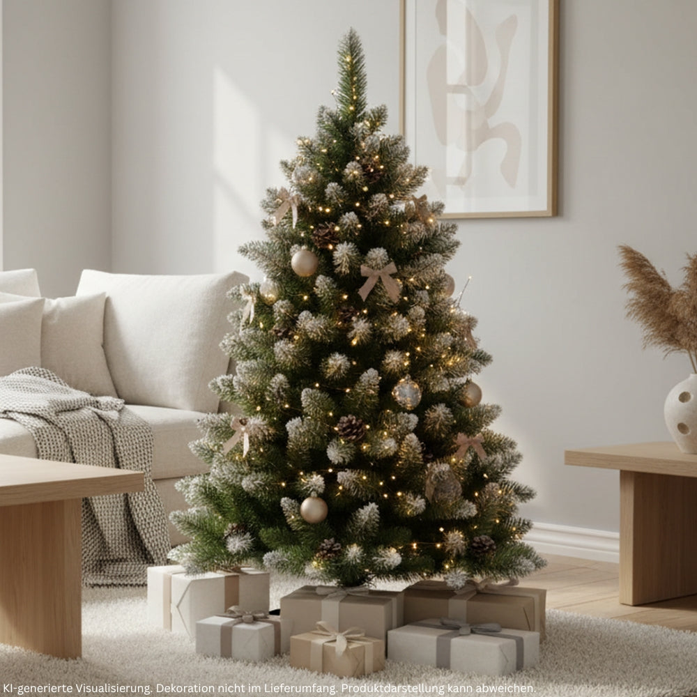 Künstlicher beschneiter Weihnachtsbaum HXT 15013, 150 cm hoch, festlich mit Lichtern und Weihnachtskugeln dekoriert