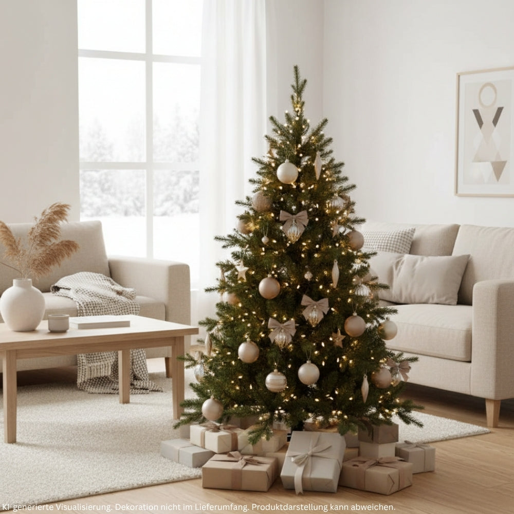 Künstlicher Weihnachtsbaum mit PE-PVC-Nadelmix HXT 23005, 150 cm hoch, festlich mit Lichtern und Weihnachtskugeln dekoriert