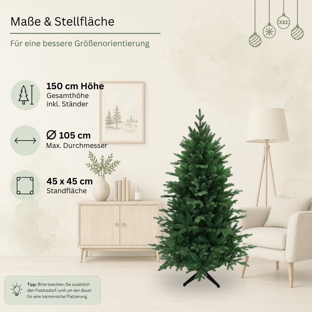 Maße des künstlichen Weihnachtsbaums mit PE-PVC-Nadelmix HXT 23005 mit 150 cm Höhe, Durchmesser und Standfläche
