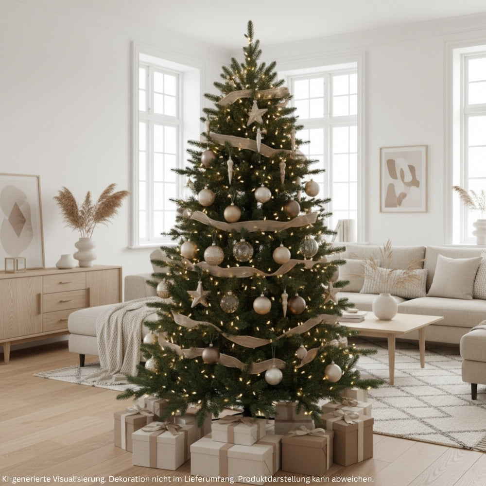 Künstlicher Weihnachtsbaum mit PE-PVC-Nadelmix HXT 23005, 180 cm hoch, festlich mit Lichtern und Weihnachtskugeln dekoriert