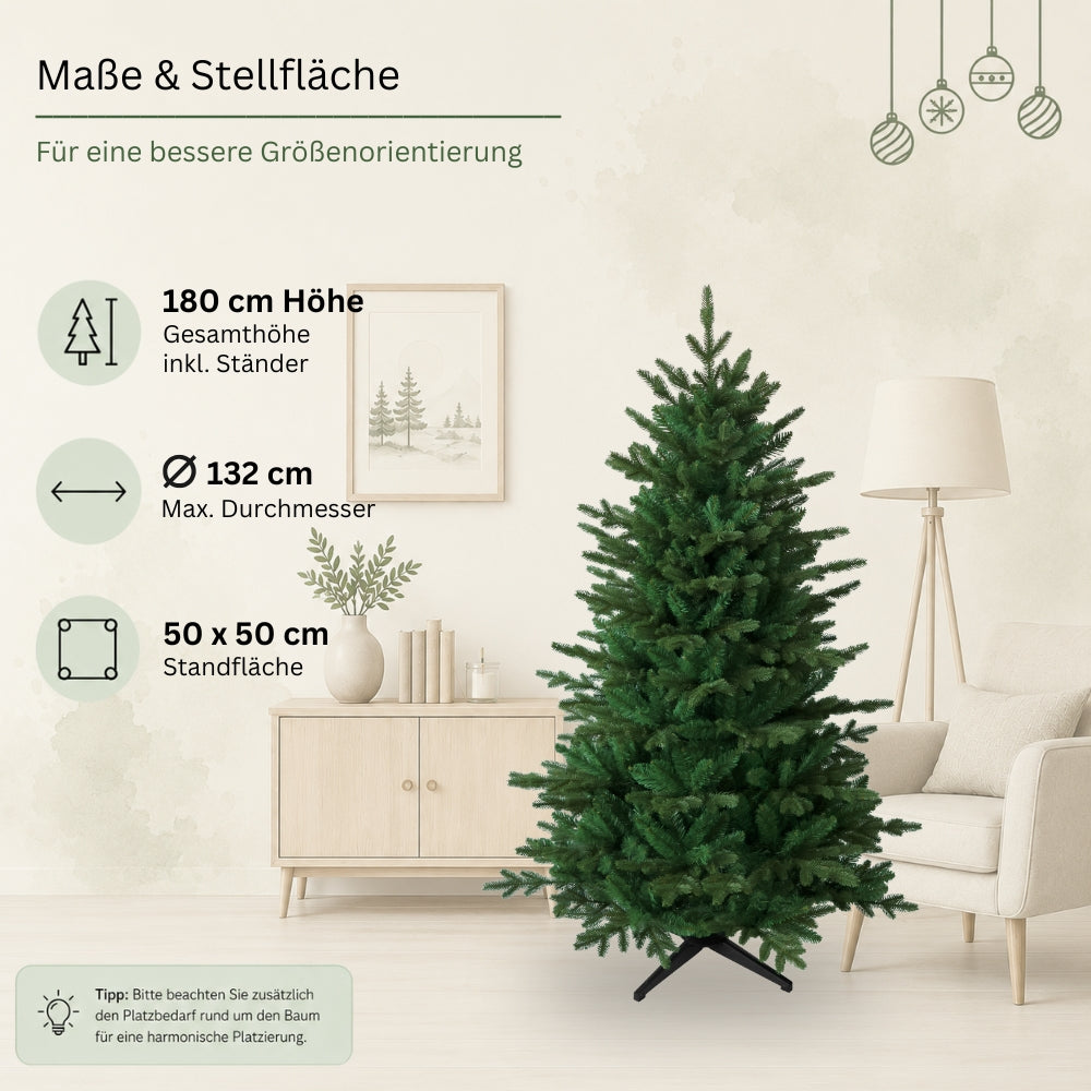 Maße des künstlichen Weihnachtsbaums mit PE-PVC-Nadelmix HXT 23005 mit 180 cm Höhe, Durchmesser und Standfläche