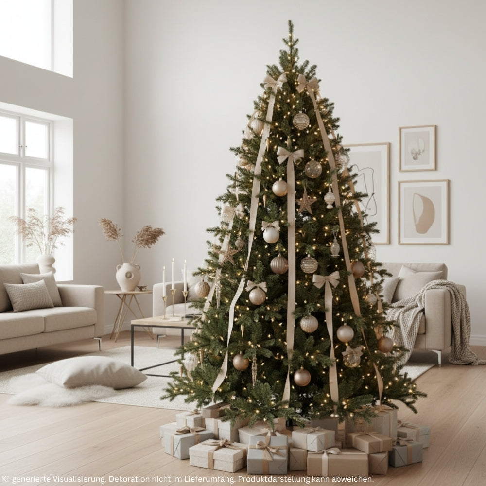 Künstlicher Weihnachtsbaum mit PE-PVC-Nadelmix HXT 23005, 210 cm hoch, festlich mit Lichtern und Weihnachtskugeln dekoriert