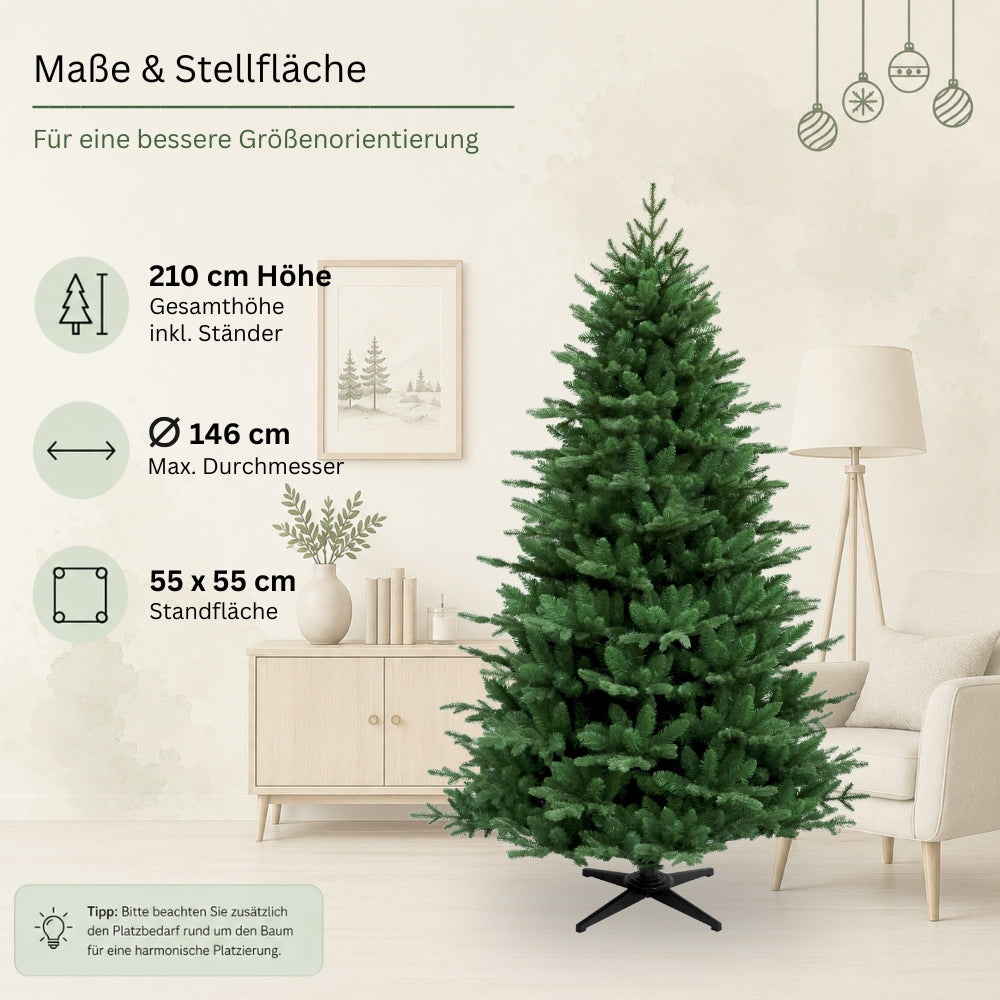 Maße des künstlichen Weihnachtsbaums mit PE-PVC-Nadelmix HXT 23005 mit 210 cm Höhe, Durchmesser und Standfläche