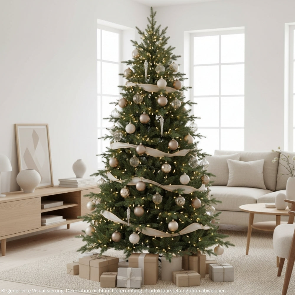 Künstlicher Weihnachtsbaum mit PE-PVC-Nadelmix HXT 23005, 240 cm hoch, festlich mit Lichtern und Weihnachtskugeln dekoriert