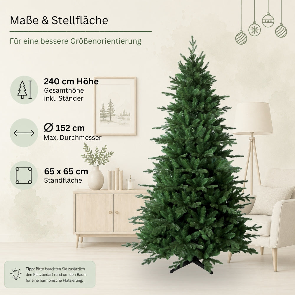 Maße des künstlichen Weihnachtsbaums mit PE-PVC-Nadelmix HXT 23005 mit 240 cm Höhe, Durchmesser und Standfläche