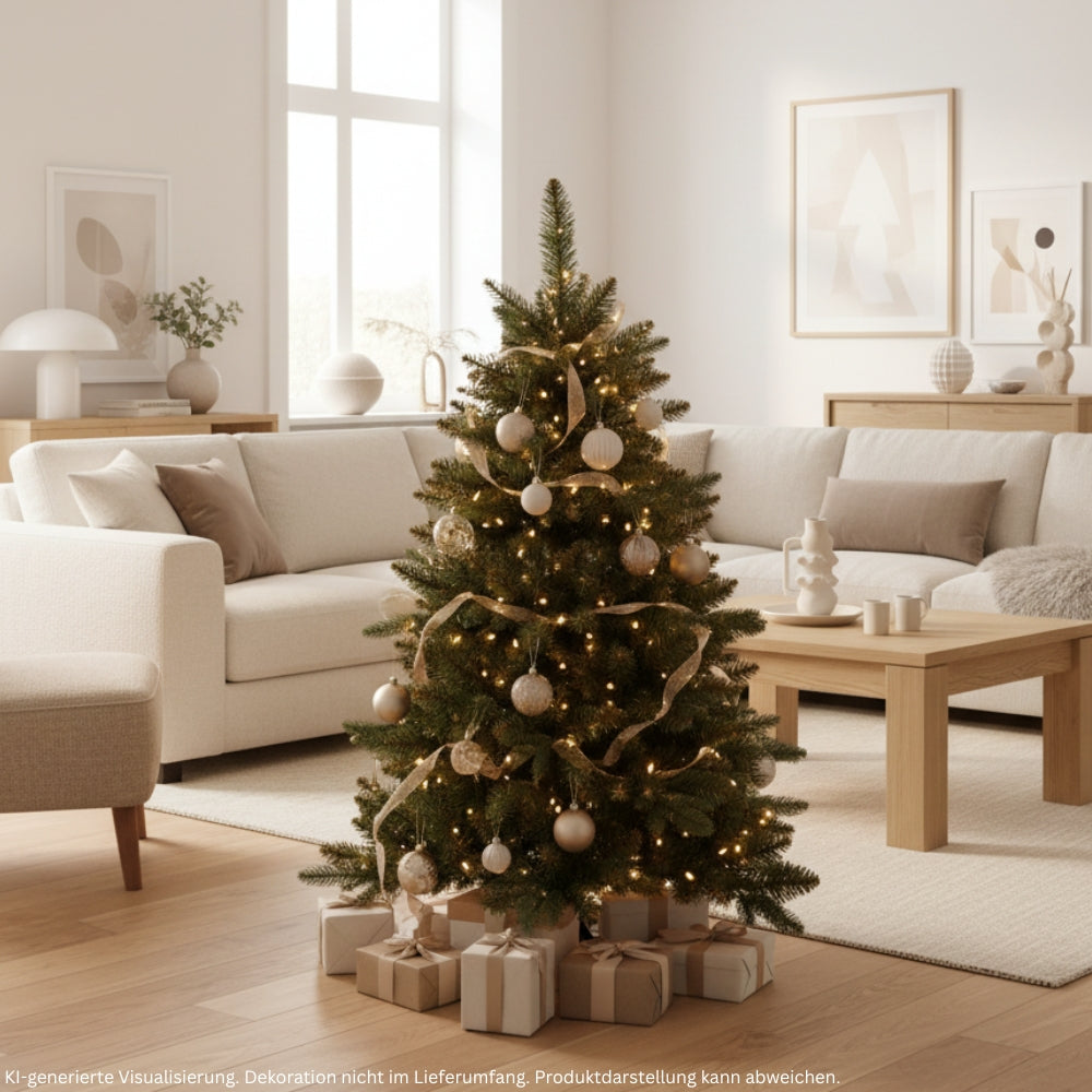 Künstlicher Weihnachtsbaum mit braunem Stamm HXT 23012, 120 cm hoch, festlich mit Lichtern und Weihnachtskugeln dekoriert