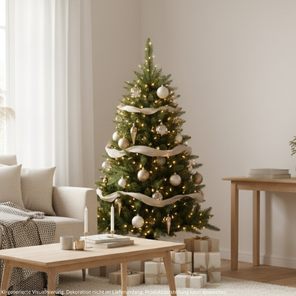 Künstlicher Weihnachtsbaum mit braunem Stamm HXT 23012, 150 cm hoch, festlich mit Lichtern und Weihnachtskugeln dekoriert