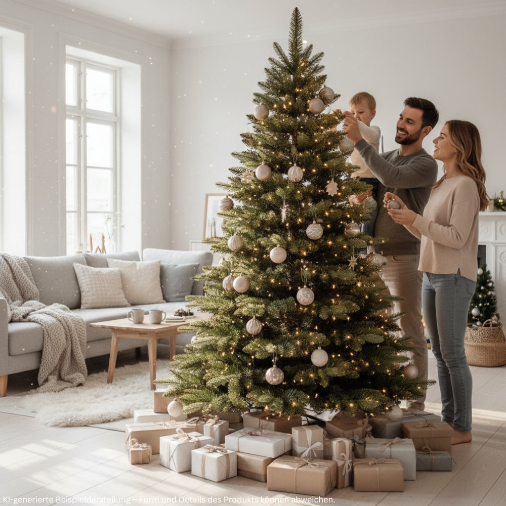 Familie beim gemeinsamen Schmücken des künstlichen Weihnachtsbaums mit braunem Stamm und einem PE-PVC-Nadelmix, HXT 23012, 150 cm hoch