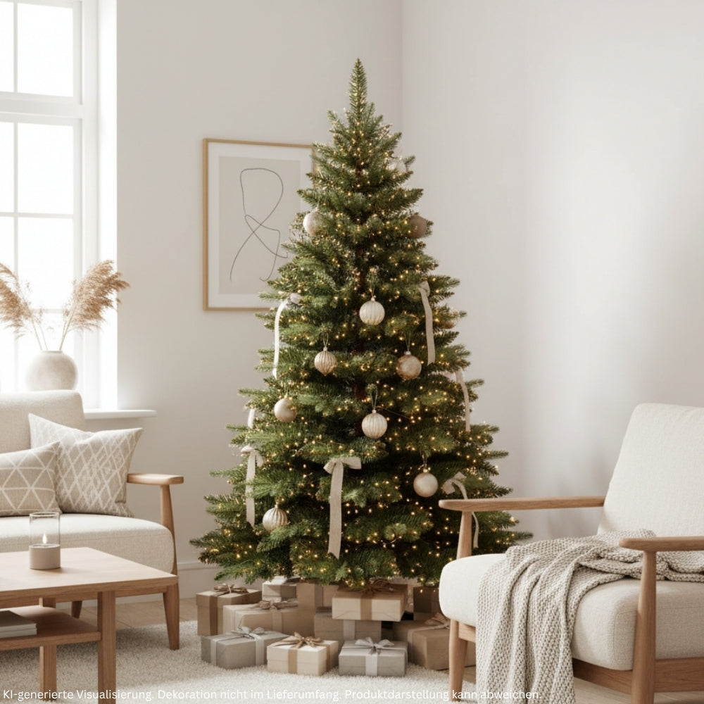 Künstlicher Weihnachtsbaum mit braunem Stamm HXT 23012, 180 cm hoch, festlich mit Lichtern und Weihnachtskugeln dekoriert