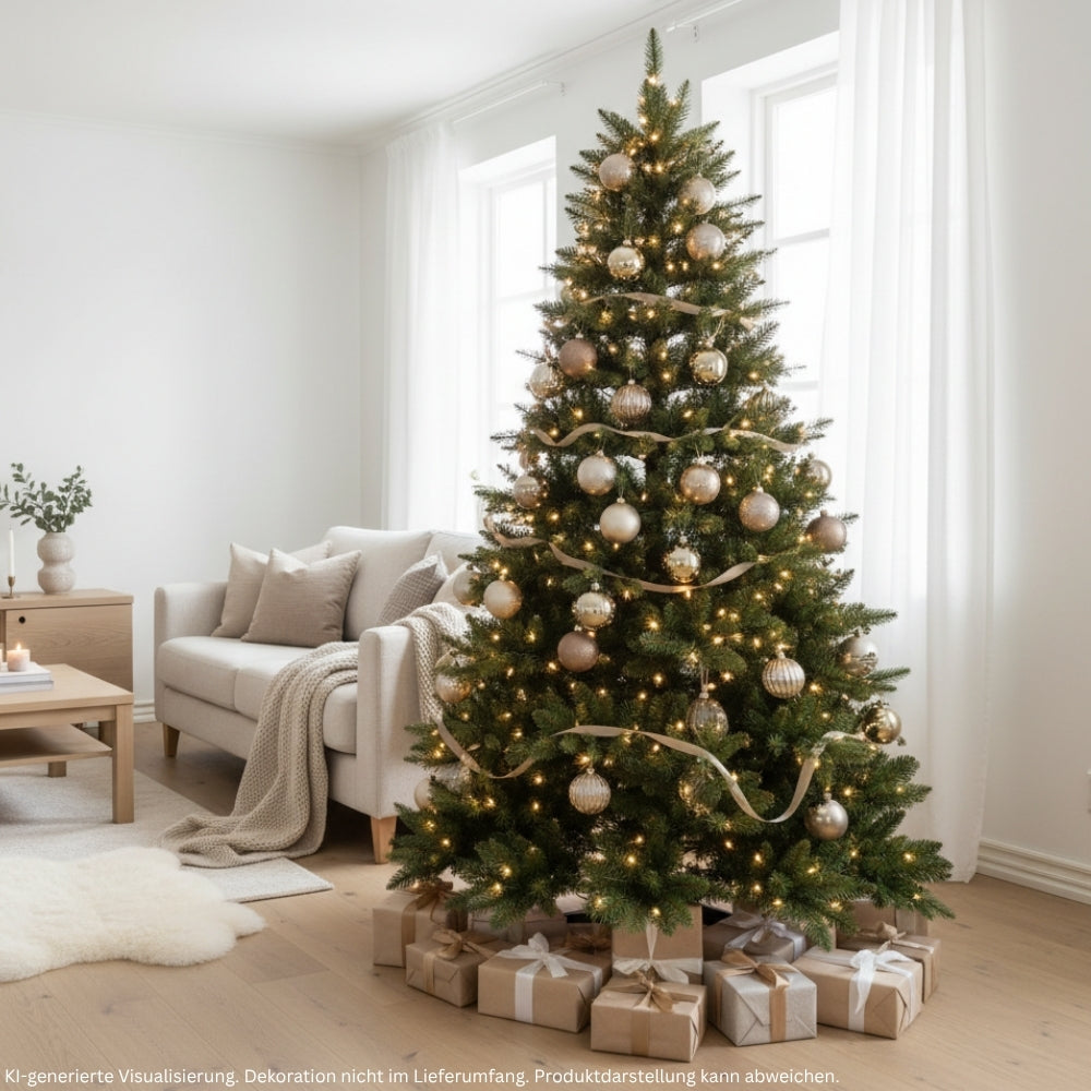 Künstlicher Weihnachtsbaum mit braunem Stamm HXT 23012, 240 cm hoch, festlich mit Lichtern und Weihnachtskugeln dekoriert