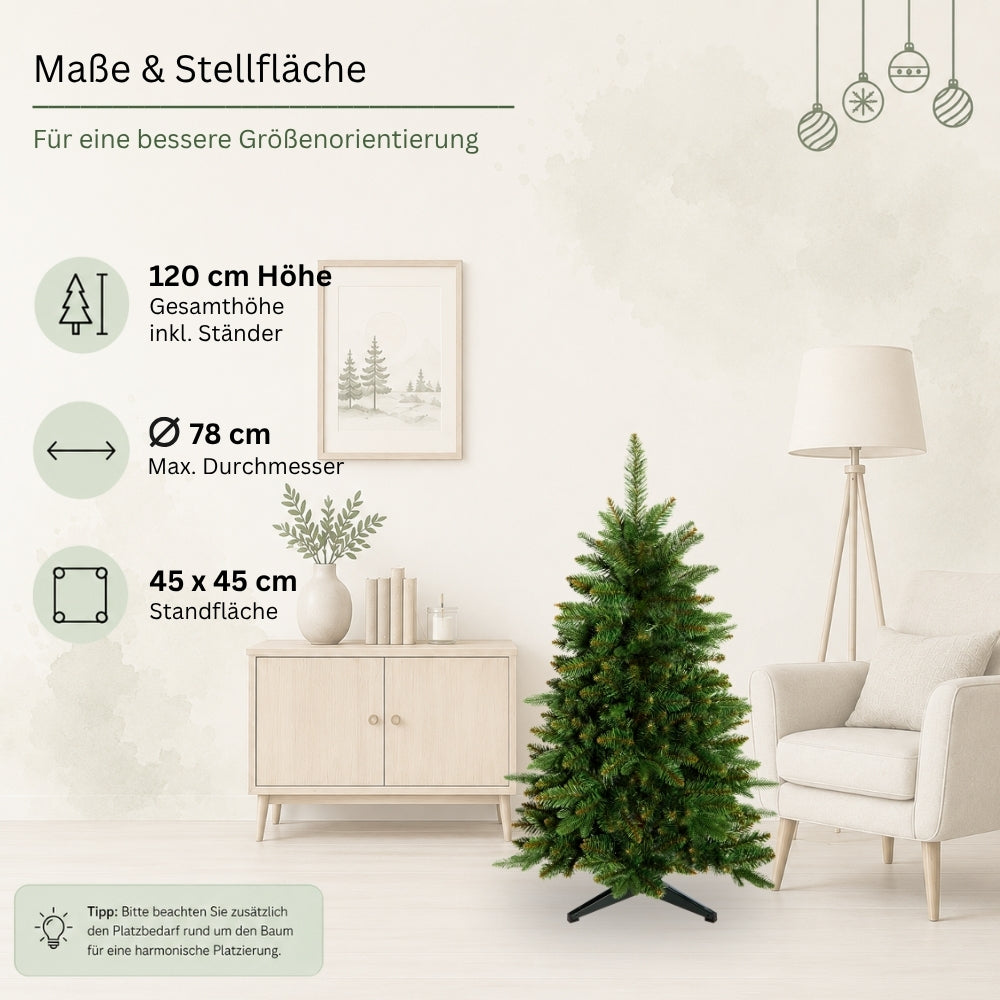Maße des künstlichen Weihnachtsbaums mit braunem Stamm HXT 23012 mit 120 cm Höhe, Durchmesser und Standfläche