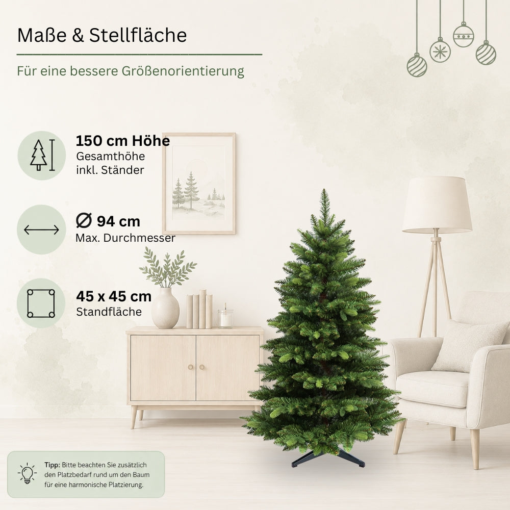 Maße des künstlichen Weihnachtsbaums mit braunem Stamm HXT 23012 mit 150 cm Höhe, Durchmesser und Standfläche