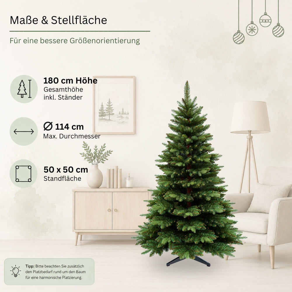 Maße des künstlichen Weihnachtsbaums mit braunem Stamm HXT 23012 mit 180 cm Höhe, Durchmesser und Standfläche
