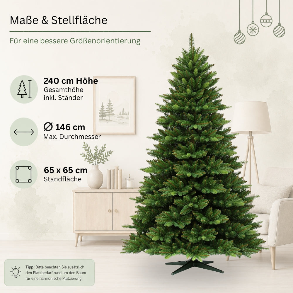 Maße des künstlichen Weihnachtsbaums mit braunem Stamm HXT 23012 mit 240 cm Höhe, Durchmesser und Standfläche