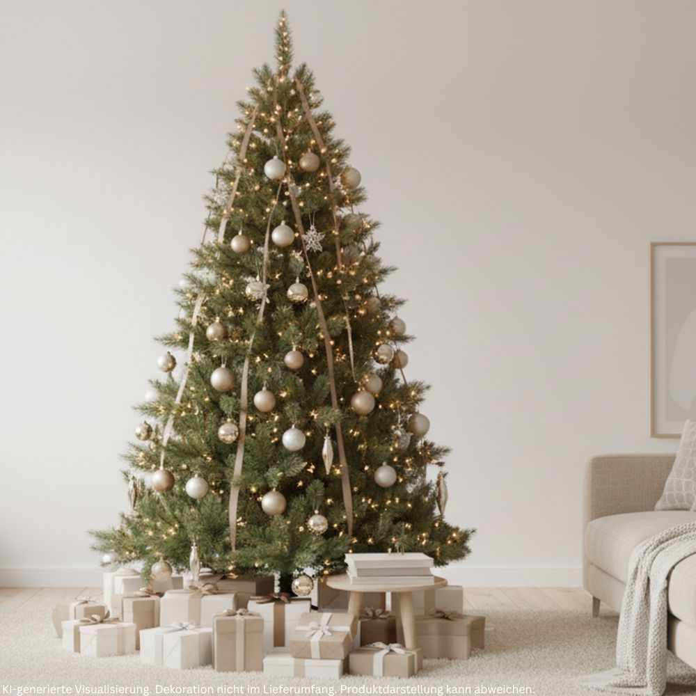 Künstlicher Weihnachtsbaum HXT 1101, 240 cm hoch, festlich mit Lichtern und Weihnachtskugeln dekoriert