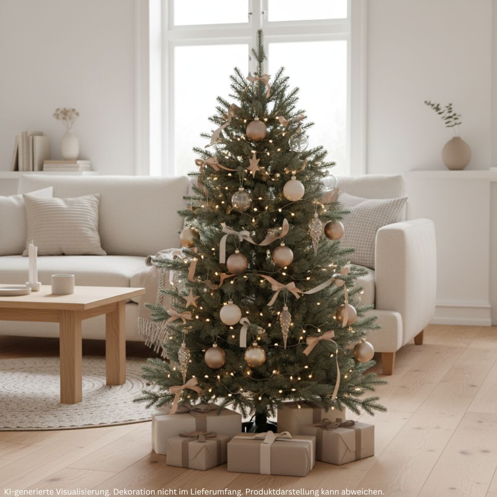 Künstlicher Weihnachtsbaum Nordmann Classic, 120 cm hoch, festlich mit Lichtern und Weihnachtskugeln dekoriert