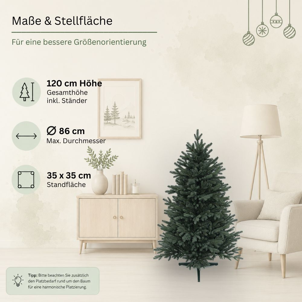 Maße des künstlichen Weihnachtsbaums Nordmann Classic: 120 cm hoch, 86 cm Durchmesser und 35 x 35 cm Standfläche