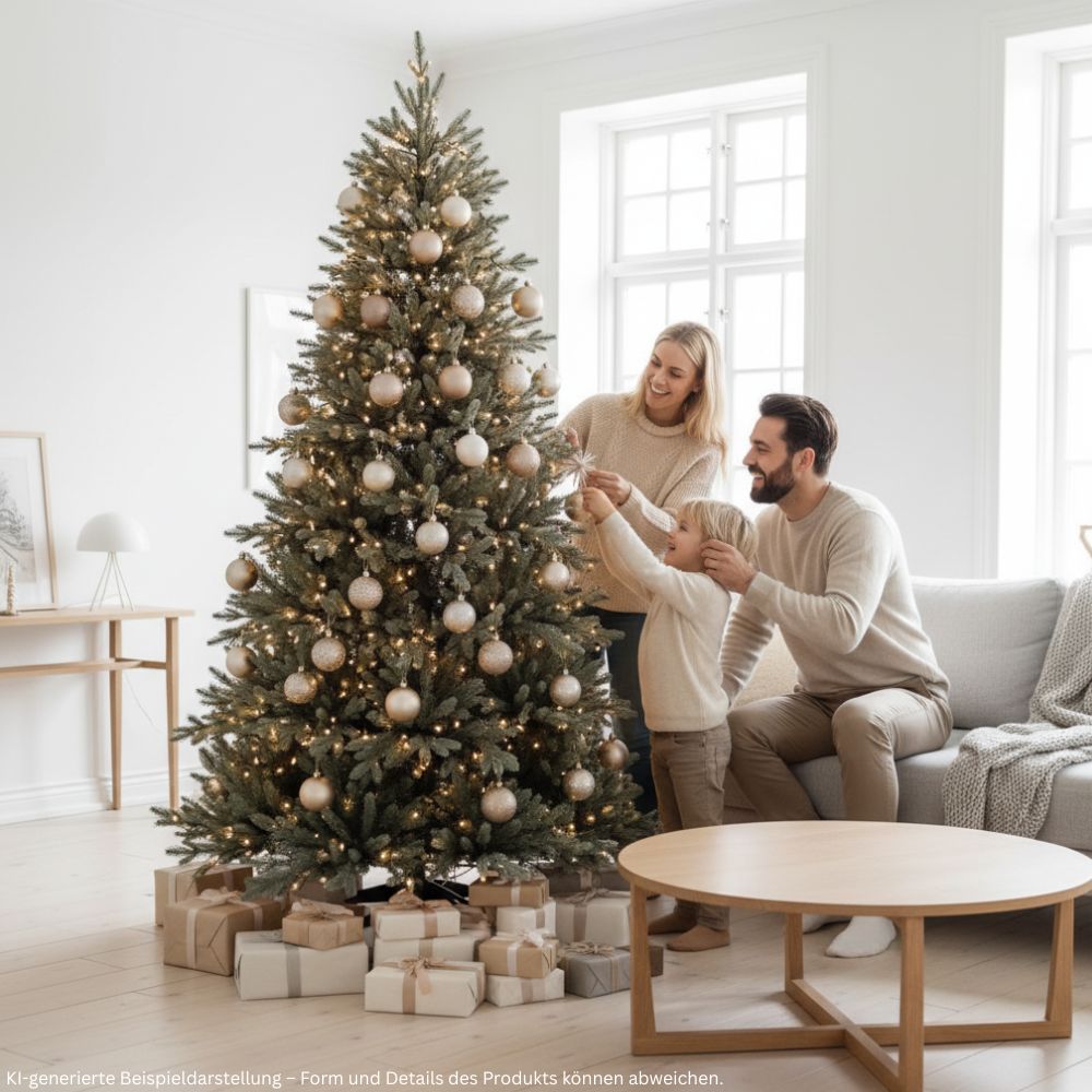 Familie beim Schmücken des künstlichen Weihnachtsbaums Nordmann Classic, 150 cm hoch