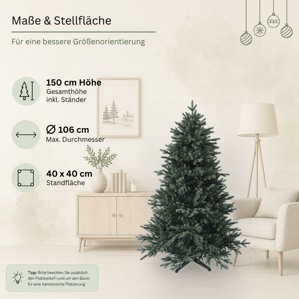 Maße des künstlichen Weihnachtsbaums Nordmann Classic: 150 cm hoch, 106 cm Durchmesser und 40 x 40 cm Standfläche