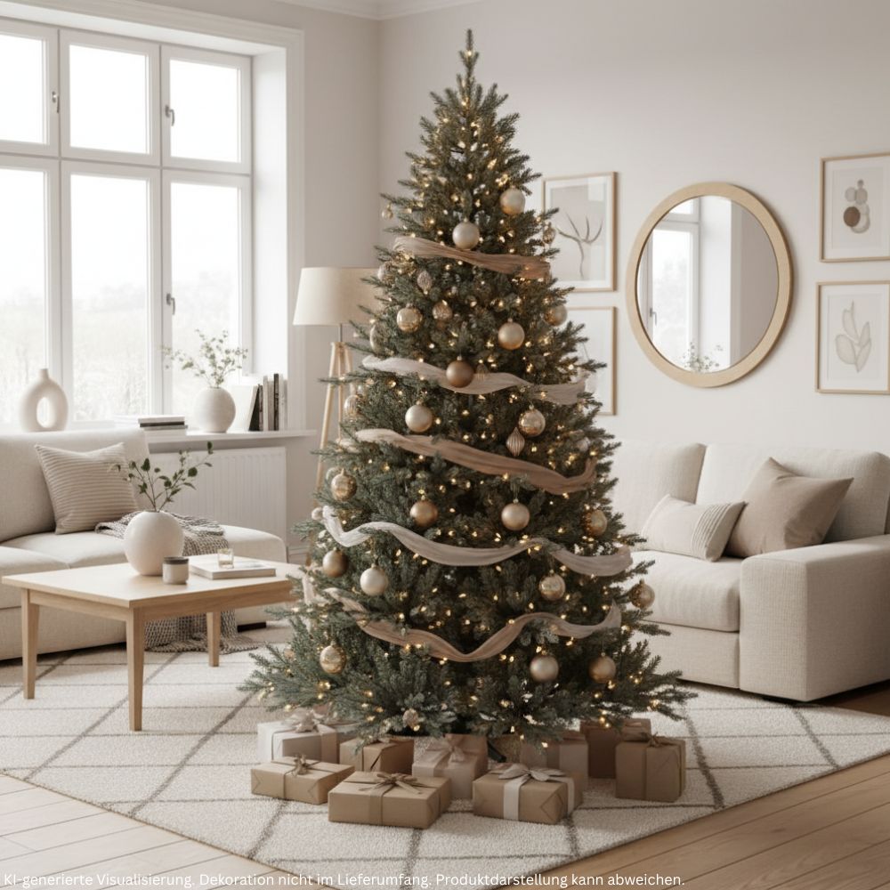 Künstlicher Weihnachtsbaum Nordmann Classic, 180 cm hoch, festlich mit Lichtern und Weihnachtskugeln dekoriert