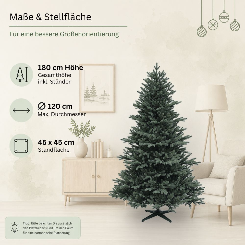 Maße des künstlichen Weihnachtsbaums Nordmann Classic: 180 cm hoch, 120 cm Durchmesser und 45 x 45 cm Standfläche