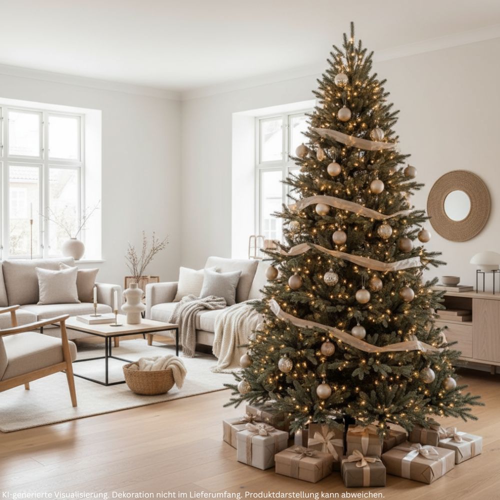 Künstlicher Weihnachtsbaum Nordmann Classic, 210 cm hoch, festlich mit Lichtern und Weihnachtskugeln dekoriert