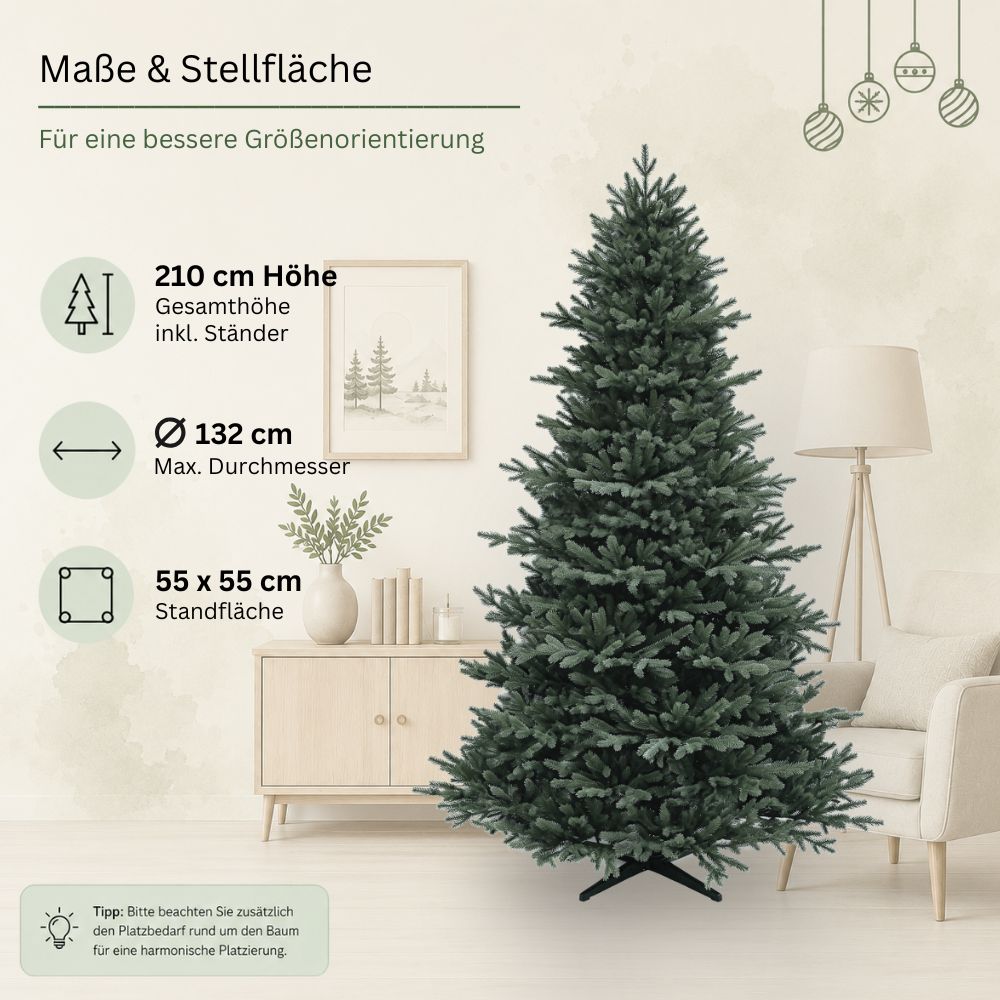 Maße des künstlichen Weihnachtsbaums Nordmann Classic: 210 cm hoch, 132 cm Durchmesser und 55 x 55 cm Standfläche
