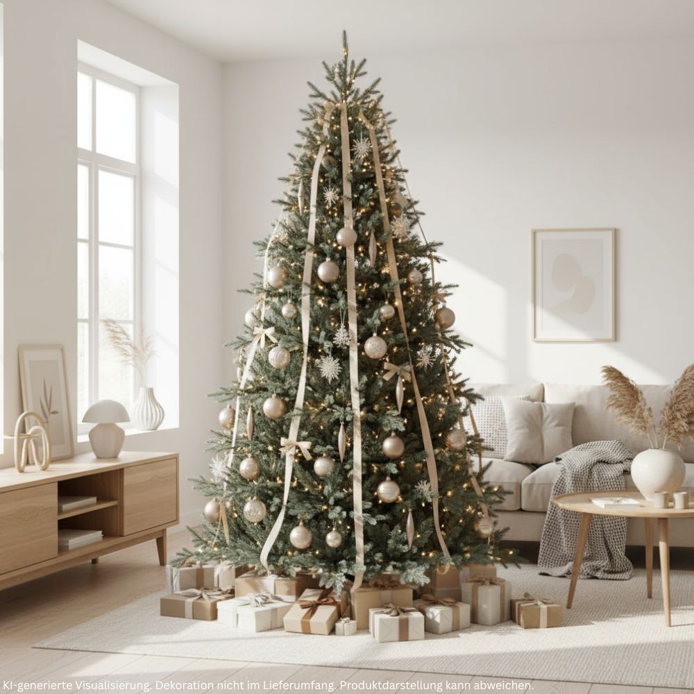 Künstlicher Weihnachtsbaum Nordmann Classic, 120 cm hoch, festlich mit Lichtern und Weihnachtskugeln dekoriert