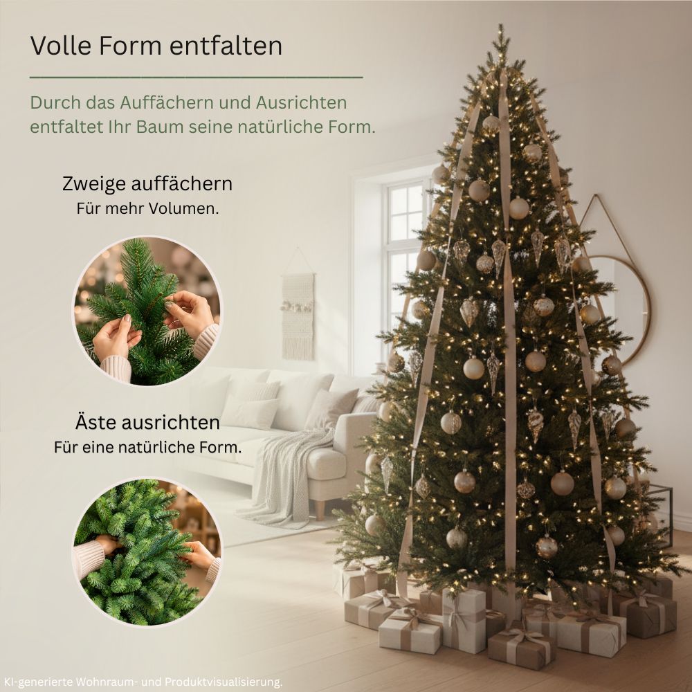 Künstlicher Weihnachtsbaum Nordmann Classic mit aufgefächerten und ausgerichteten Zweigen für eine volle, natürliche Form 120 cm