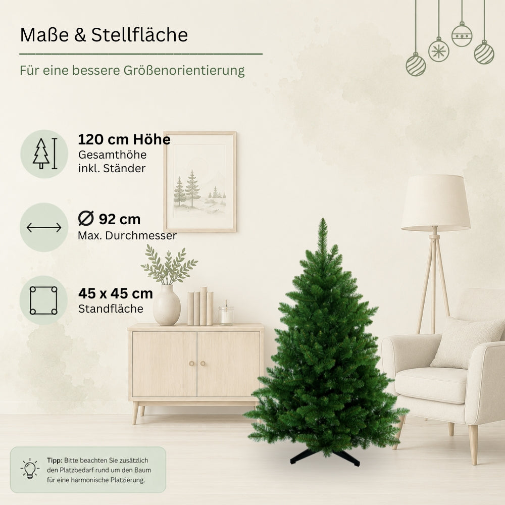 Maße des künstlichen Weihnachtsbaums Spessarttanne 19001: 120 cm hoch, 78 cm Durchmesser und 45 x 45 cm Standfläche