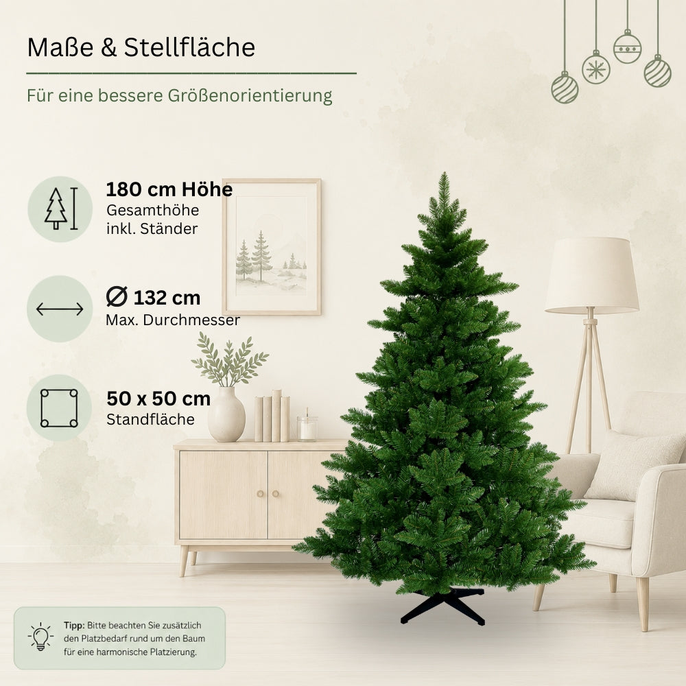 Maße des künstlichen Weihnachtsbaums Spessarttanne 19001: 180 cm hoch, 132 cm Durchmesser und 50 x 50 cm Standfläche