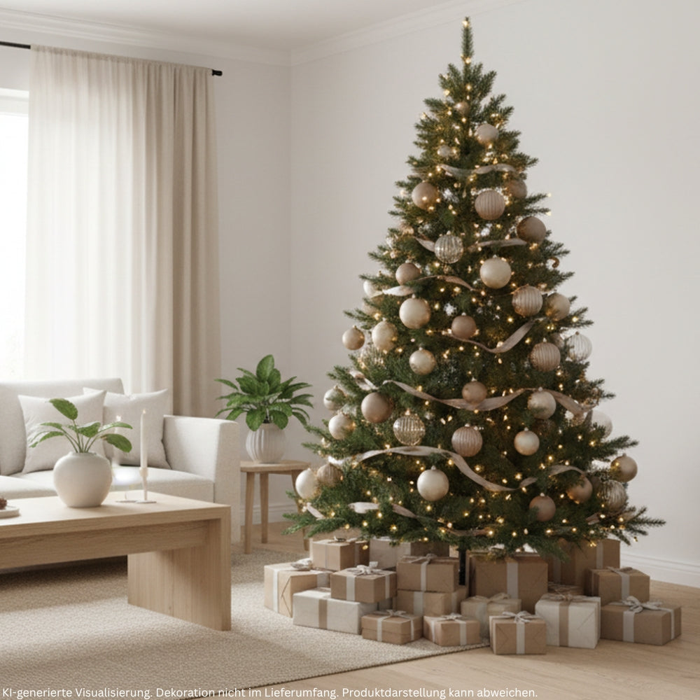 Künstlicher Weihnachtsbaum Spessarttanne 19001, festlich mit Lichtern und Weihnachtsschmuck dekoriert 210 cm