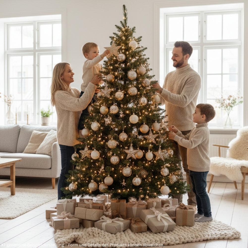 Familie beim gemeinsamen Schmücken des künstlichen Weihnachtsbaums Spessarttanne 19001 120 cm