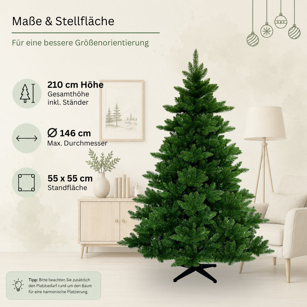 Maße des künstlichen Weihnachtsbaums Spessarttanne 19001: 210 cm hoch, 146 cm Durchmesser und 55 x 55 cm Standfläche