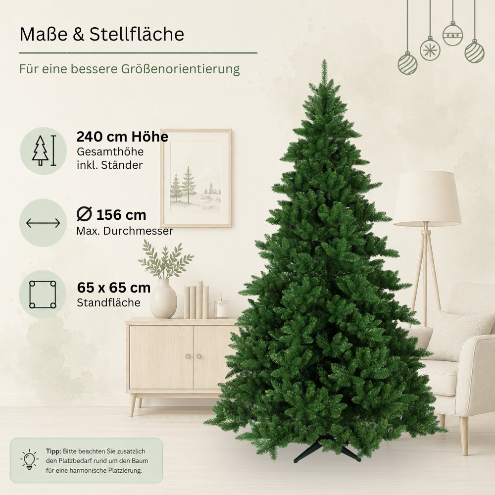 Maße des künstlichen Weihnachtsbaums Spessarttanne 19001: 240 cm hoch, 156 cm Durchmesser und 65 x 65 cm Standfläche
