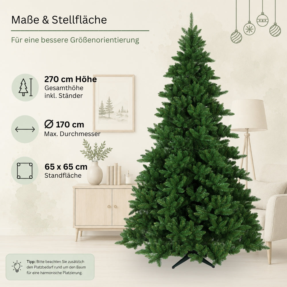 Maße des künstlichen Weihnachtsbaums Spessarttanne 19001: 270 cm hoch, 170 cm Durchmesser und 65 x 65 cm Standfläche